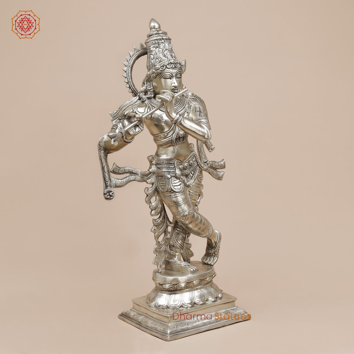 Brass Krishna Standing with Garlands, Silver Coated 24”