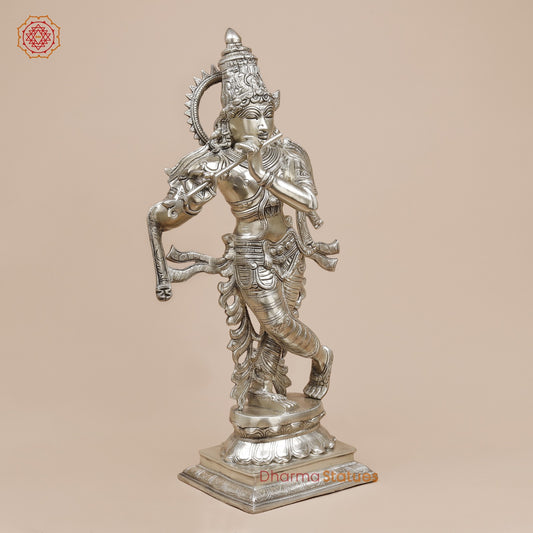 Brass Krishna Standing with Garlands, Silver Coated 24”