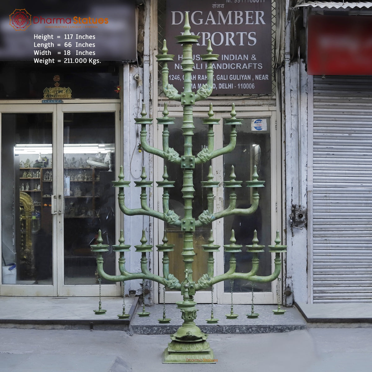 Brass Kerela Lamp Fine With Multiple Branches and Diya, Natural Green Patina 117”