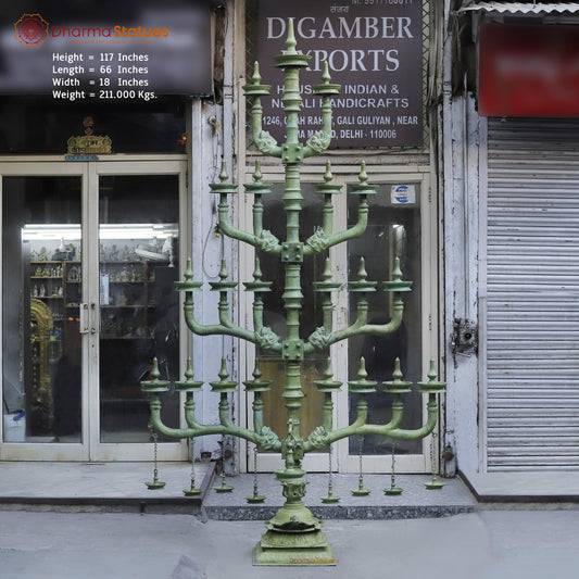 Brass Kerela Lamp Fine With Multiple Branches and Diya, Natural Green Patina 117”