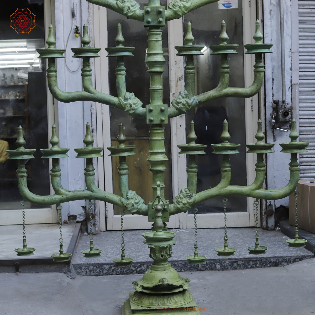 Brass Kerela Lamp Fine With Multiple Branches and Diya, Natural Green Patina 117”