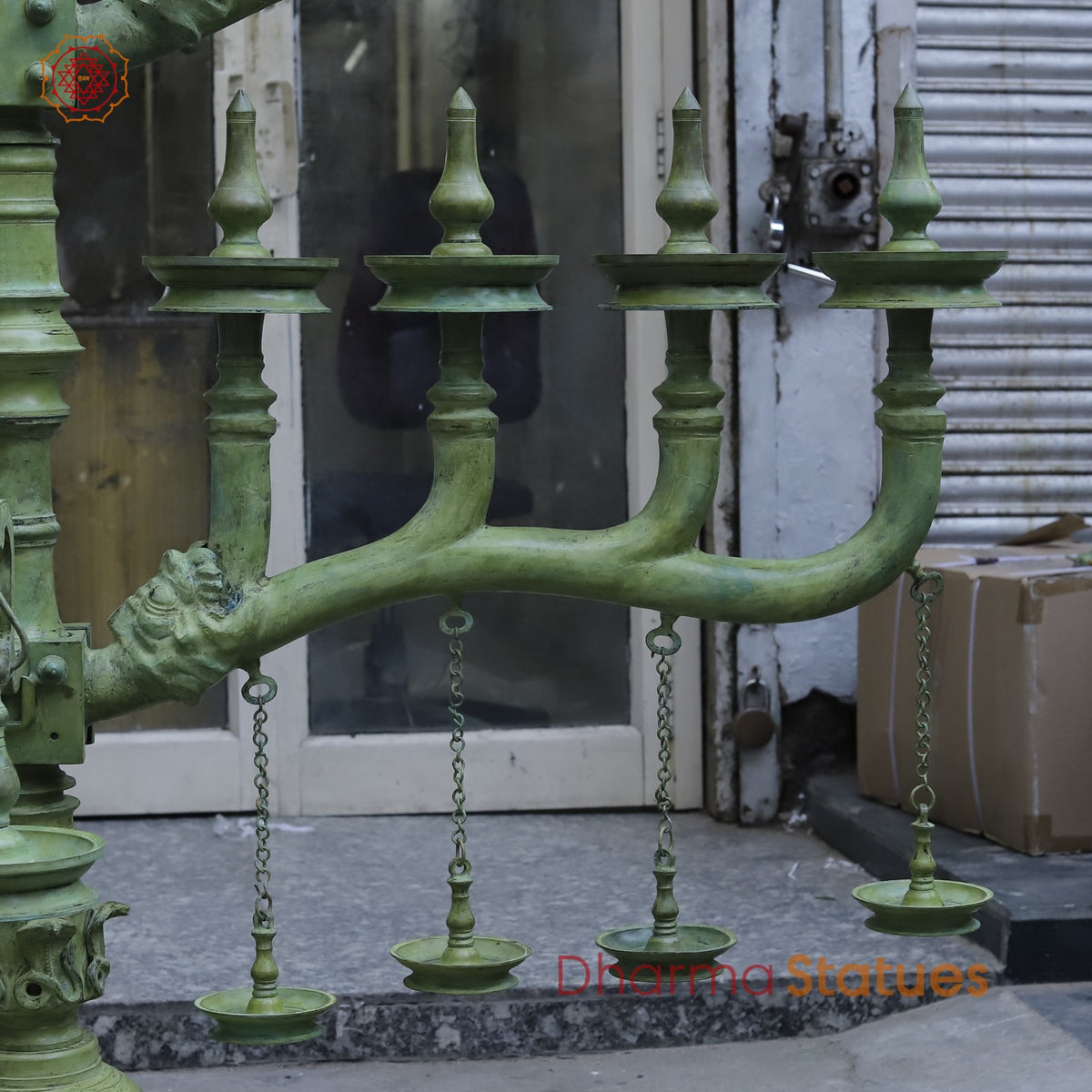 Brass Kerela Lamp Fine With Multiple Branches and Diya, Natural Green Patina 117”