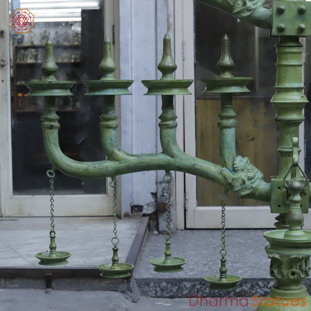 Brass Kerela Lamp Fine With Multiple Branches and Diya, Natural Green Patina 117”