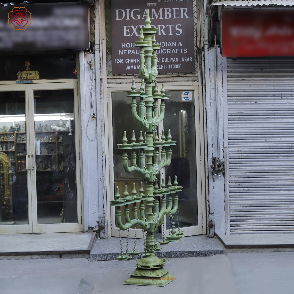 Brass Kerela Lamp Fine With Multiple Branches and Diya, Natural Green Patina 117”