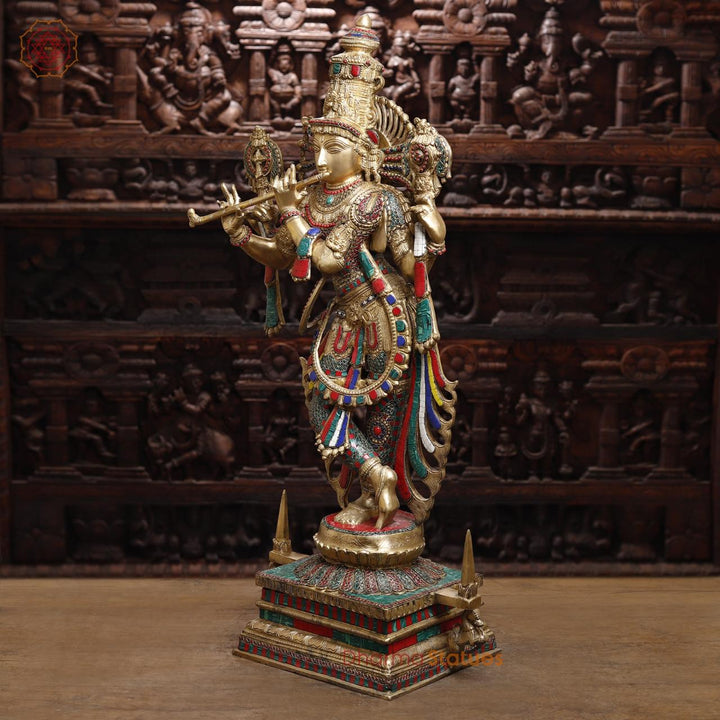 Brass Krishna Statue, Playing Flute, Golden Finish with Intricate Stone work, 41"