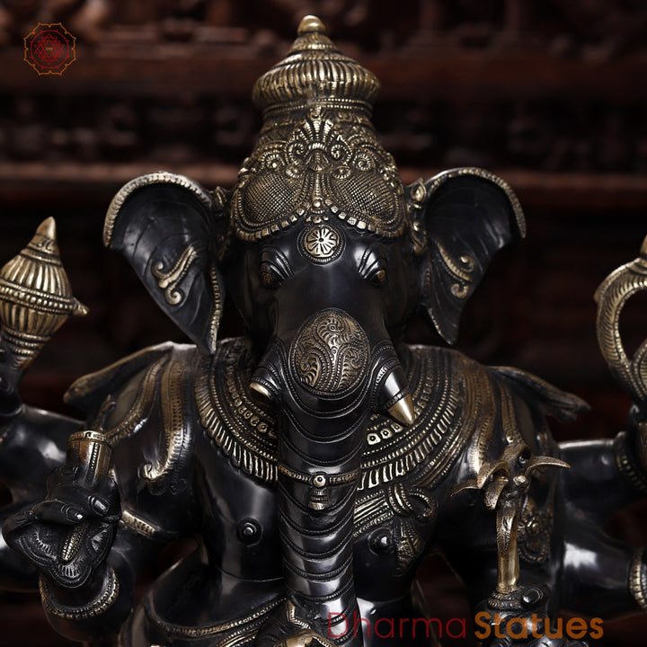 Brass Ganesh Statue Standing Holding Sugarcane And Other Weapons, Black Patina Finish with Golden Detailing 36"