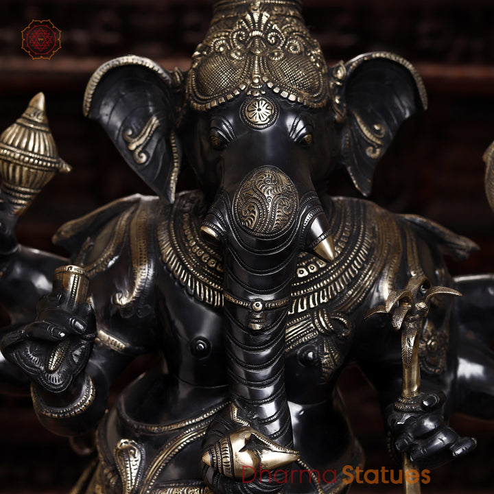 Brass Ganesh Statue Standing Holding Sugarcane And Other Weapons, Black Patina Finish with Golden Detailing 36"