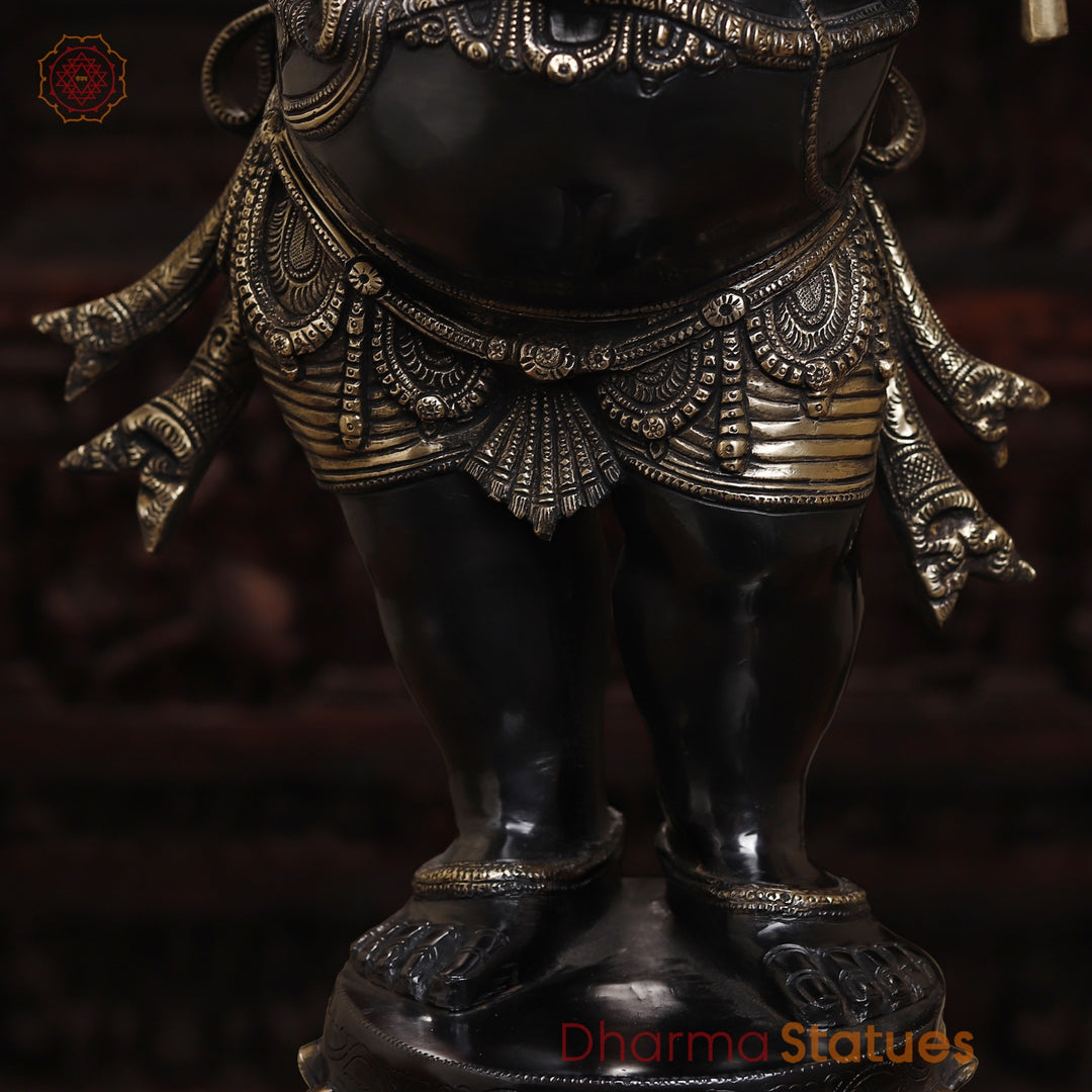 Brass Ganesh Statue Standing Holding Sugarcane And Other Weapons, Black Patina Finish with Golden Detailing 36"