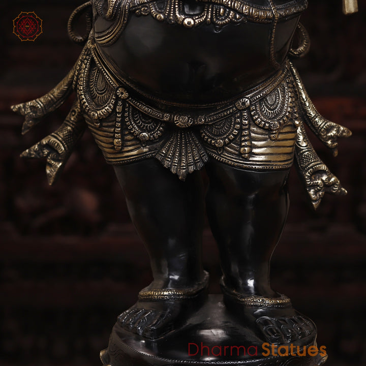 Brass Ganesh Statue Standing Holding Sugarcane And Other Weapons, Black Patina Finish with Golden Detailing 36"