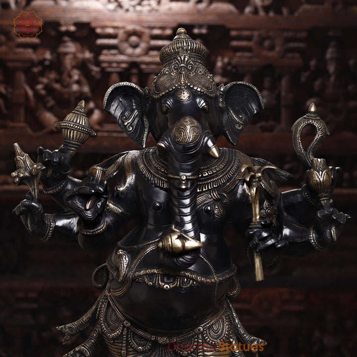 Brass Ganesh Statue Standing Holding Sugarcane And Other Weapons, Black Patina Finish with Golden Detailing 36"