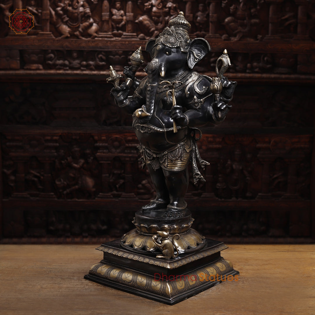 Brass Ganesh Statue Standing Holding Sugarcane And Other Weapons, Black Patina Finish with Golden Detailing 36"