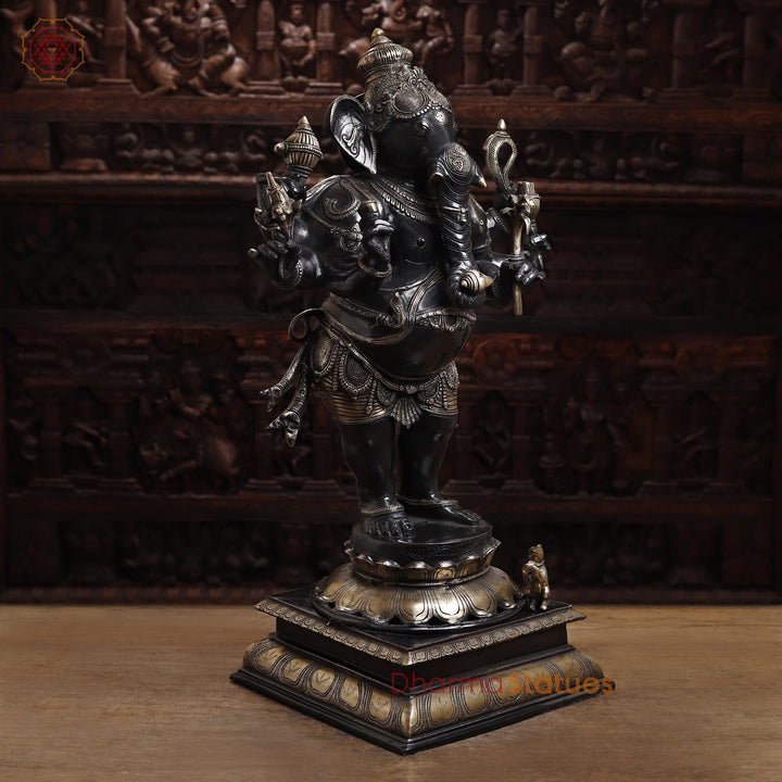 Brass Ganesh Statue Standing Holding Sugarcane And Other Weapons, Black Patina Finish with Golden Detailing 36"