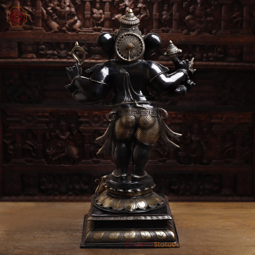 Brass Ganesh Statue Standing Holding Sugarcane And Other Weapons, Black Patina Finish with Golden Detailing 36"