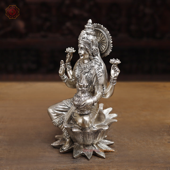 Brass Lakshmi Statue, The Goddess of Fortune,  Fine Silver Finish 12"