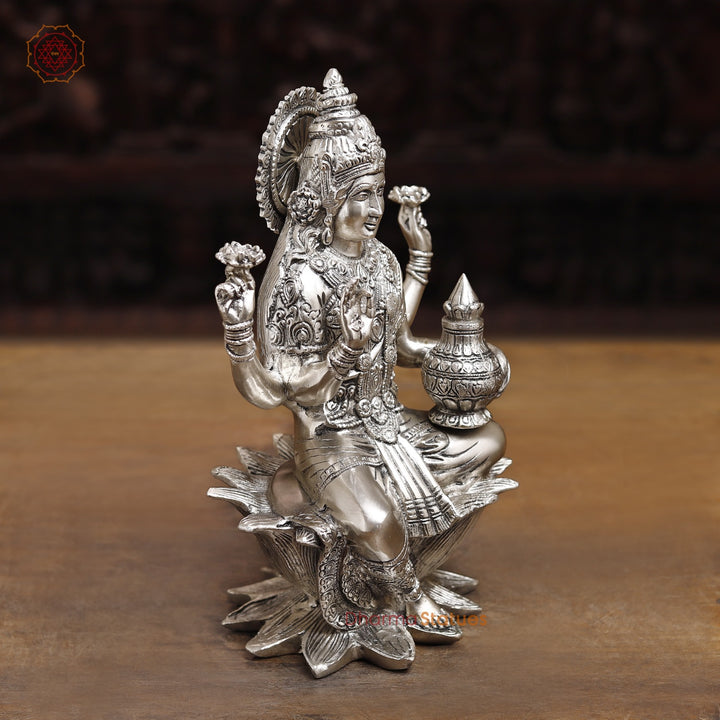 Brass Lakshmi Statue, The Goddess of Fortune,  Fine Silver Finish 12"