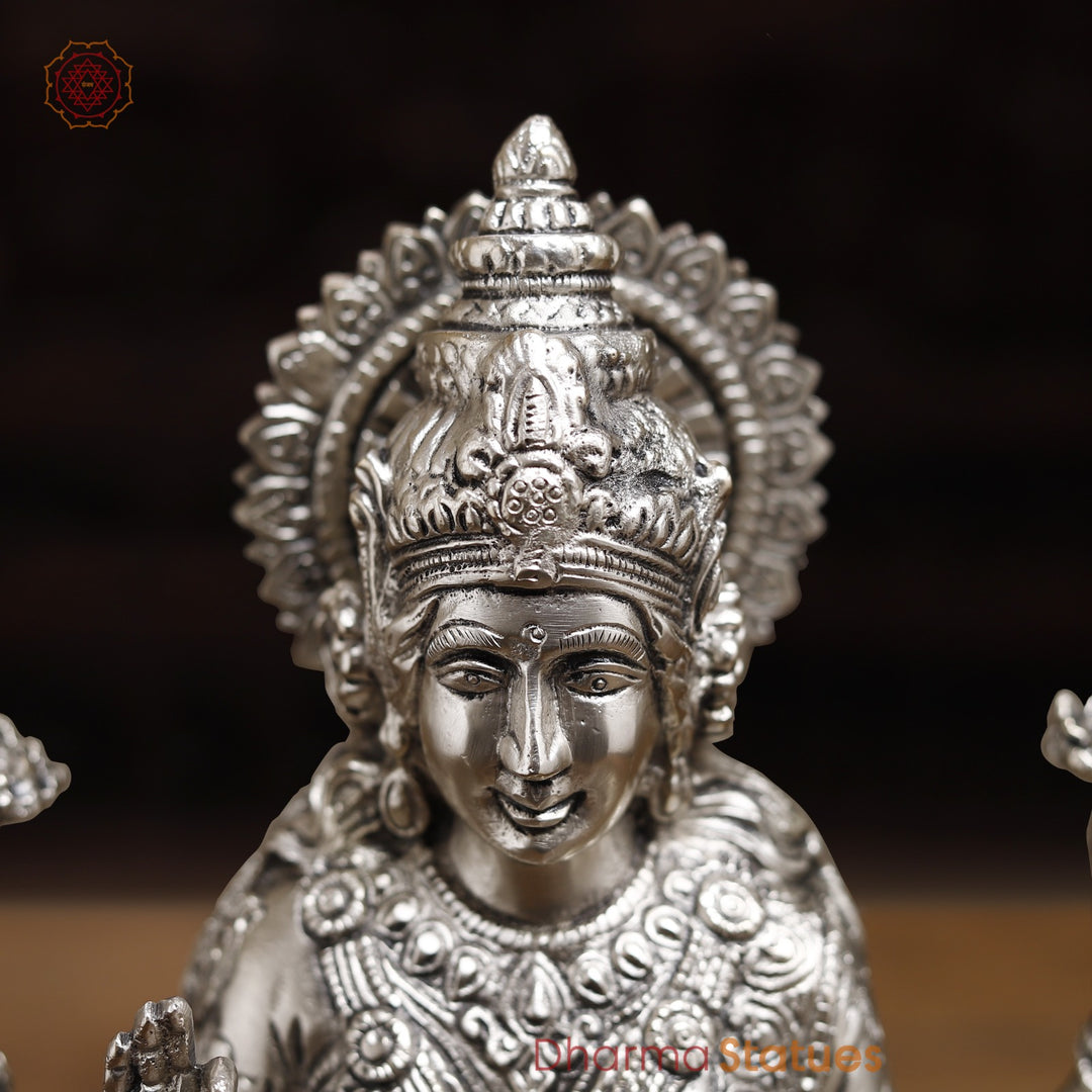 Brass Lakshmi Statue, The Goddess of Fortune,  Fine Silver Finish 12"