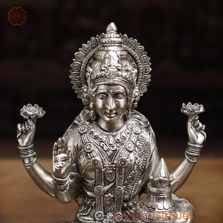 Brass Lakshmi Statue, The Goddess of Fortune,  Fine Silver Finish 12"