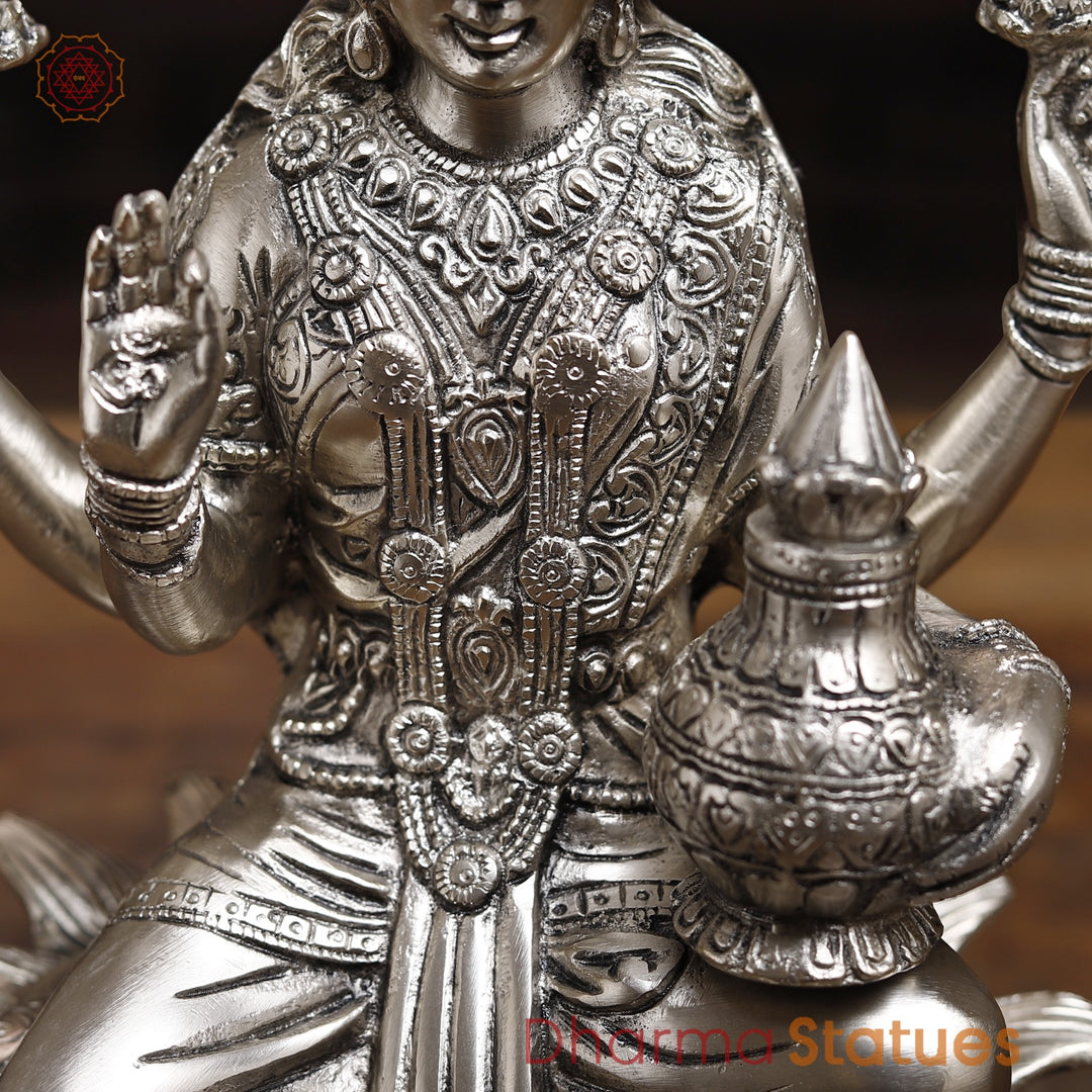 Brass Lakshmi Statue, The Goddess of Fortune,  Fine Silver Finish 12"