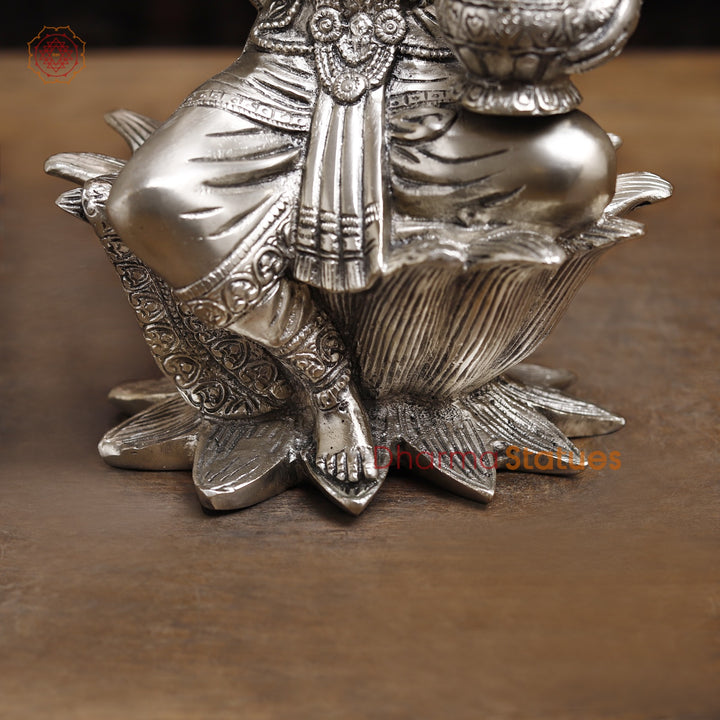 Brass Lakshmi Statue, The Goddess of Fortune,  Fine Silver Finish 12"