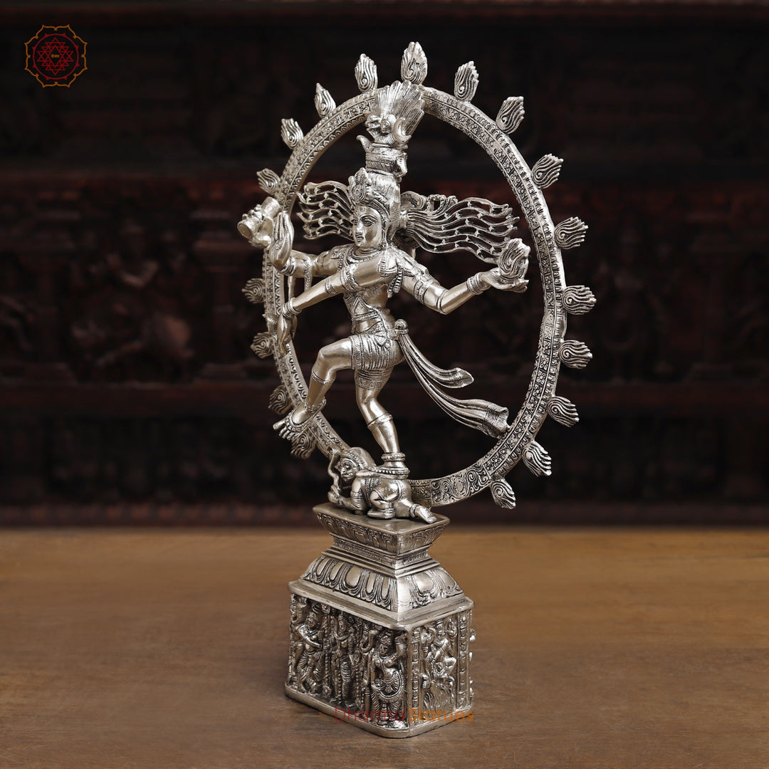 Brass Natraj Statue, Dancing Sculpture of Lord Shiva, Silver finish 23.5" side view