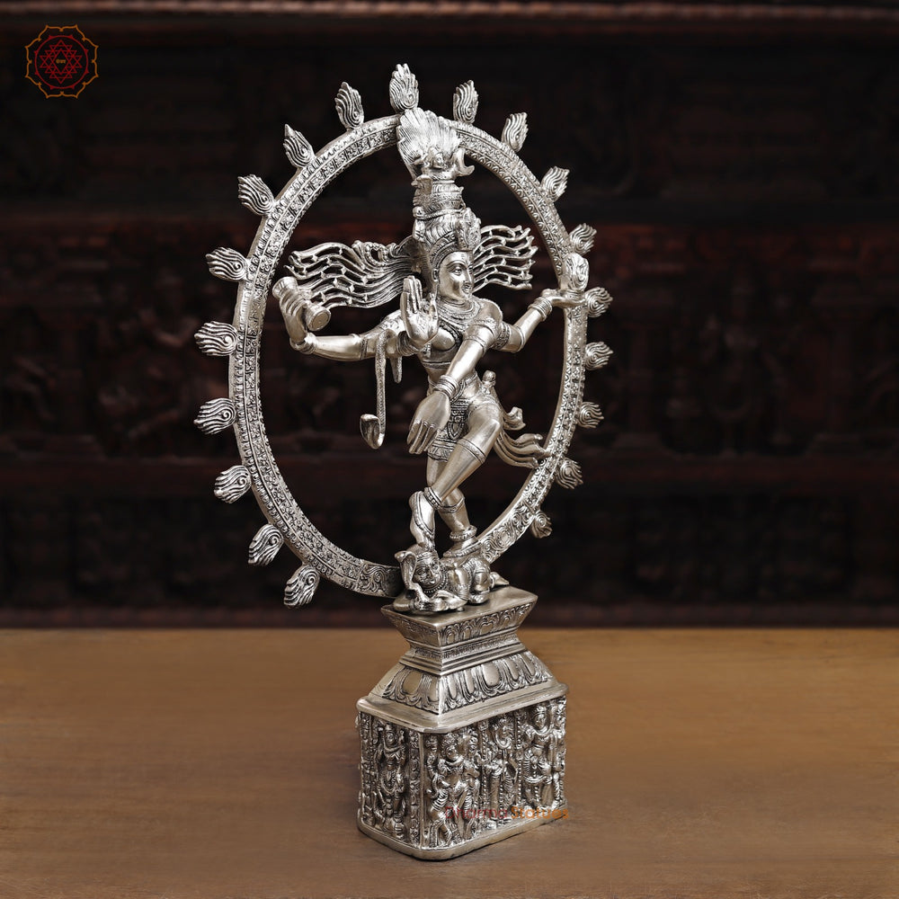 Brass Natraj Statue, Dancing Sculpture of Lord Shiva, Silver finish 23.5" side view