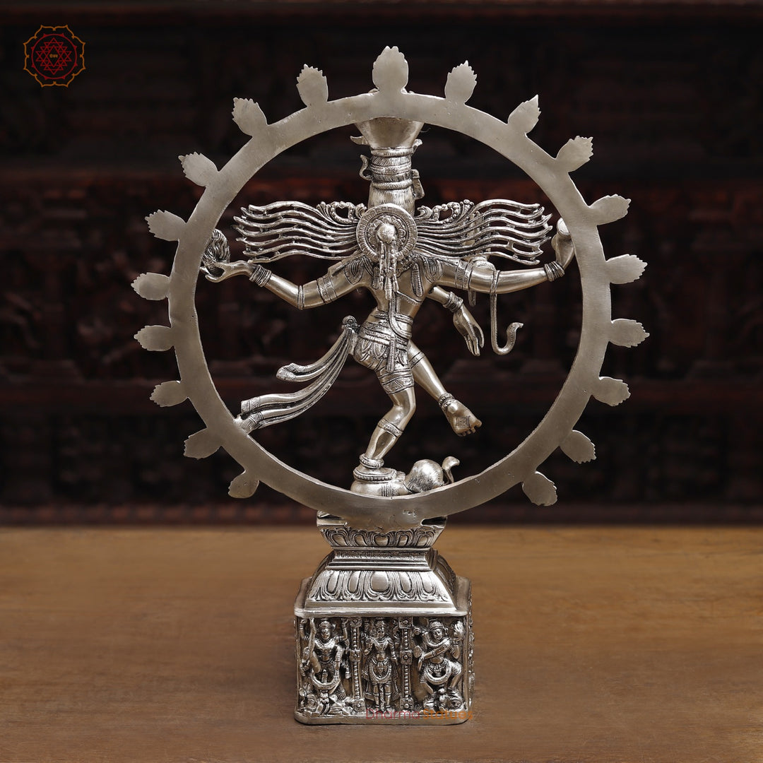 Brass Natraj Statue, Dancing Sculpture of Lord Shiva, Silver finish 23.5" back view