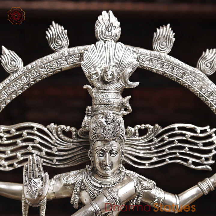 Brass Natraj Statue, Dancing Sculpture of Lord Shiva, Silver finish 23.5"