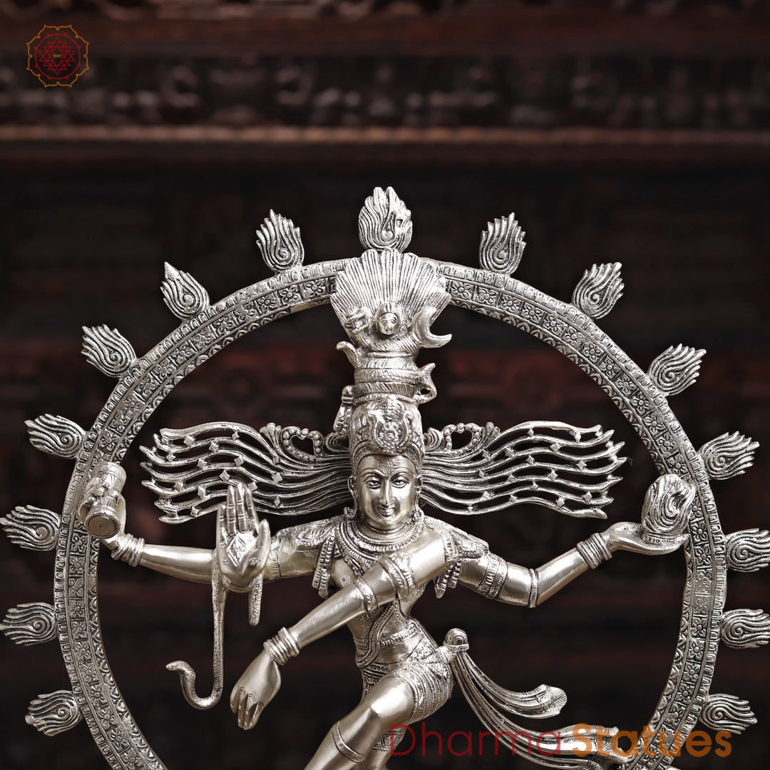 Brass Natraj Statue, Dancing Sculpture of Lord Shiva, Silver finish 23.5"