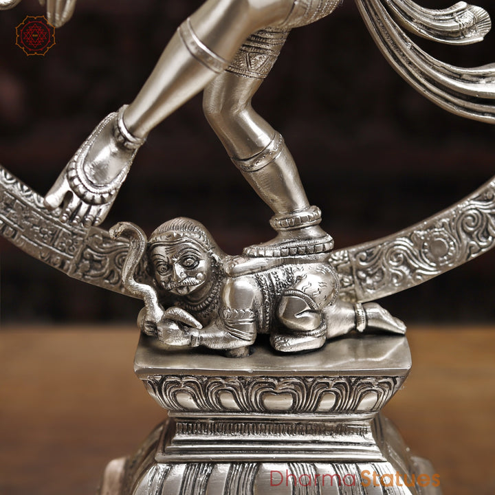 Brass Natraj Statue, Dancing Sculpture of Lord Shiva, Silver finish 23.5"