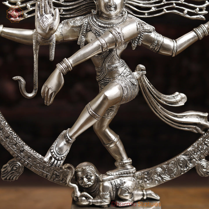 Brass Natraj Statue, Dancing Sculpture of Lord Shiva, Silver finish 23.5"