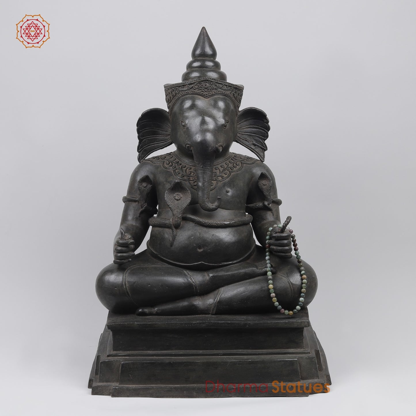 Bronze Ganesh Seated With Natural Agate Mala Fine, Natutral Patina 26” (One Of a Kind) Origin -Nakhom patonm, Thailand