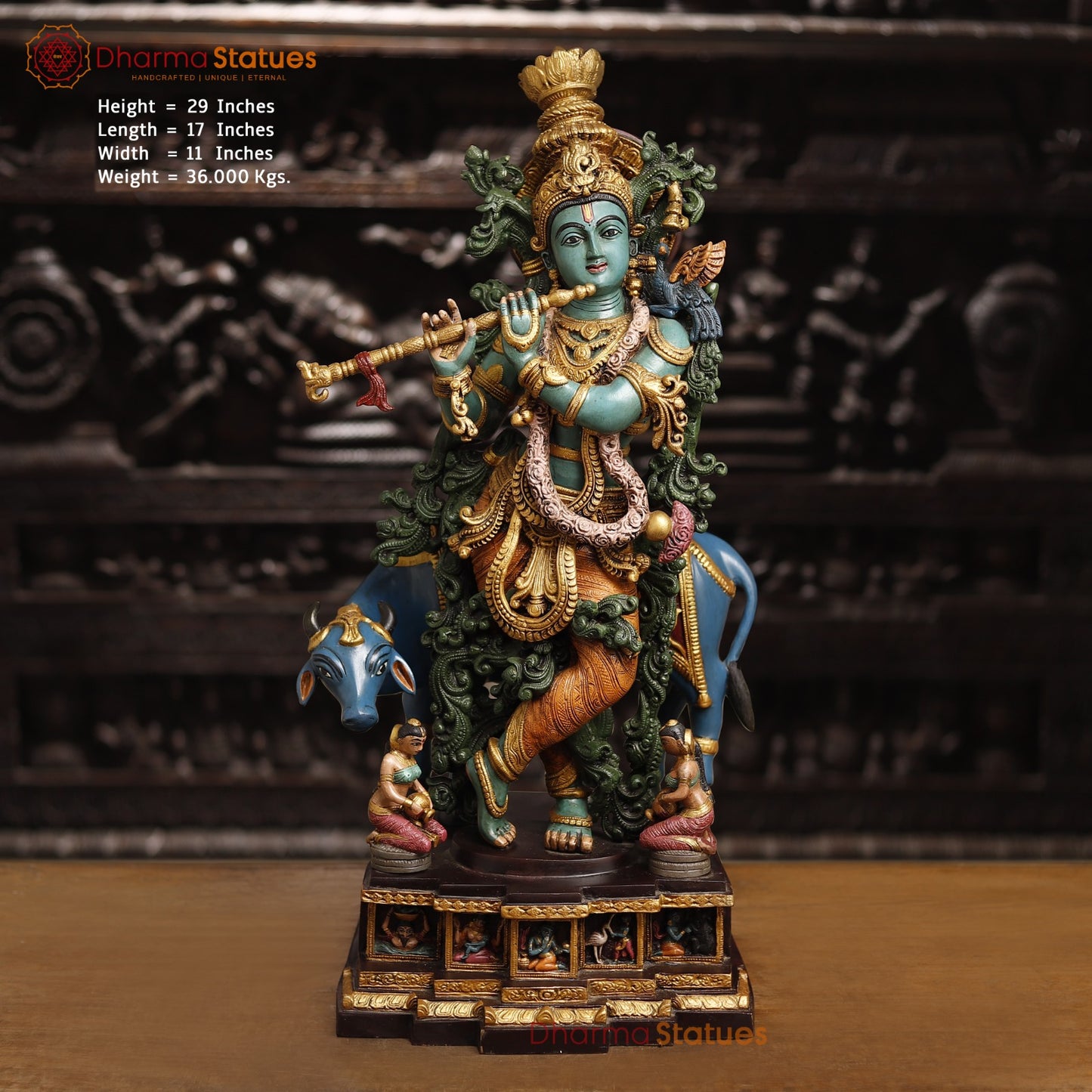 Brass Lord Krishna Statue With Cow, Playing Flute, Colorful Finish, 29"
